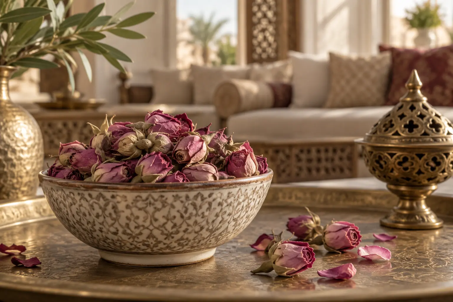 براعم ورد محمدي مجفف طبيعي في وعاء خزفي داخل مجلس عربي أنيق